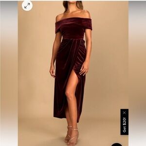 NWT Lulus I'm Enchanted Burgundy Velvet Off-the-Shoulder Maxi Dress in size M